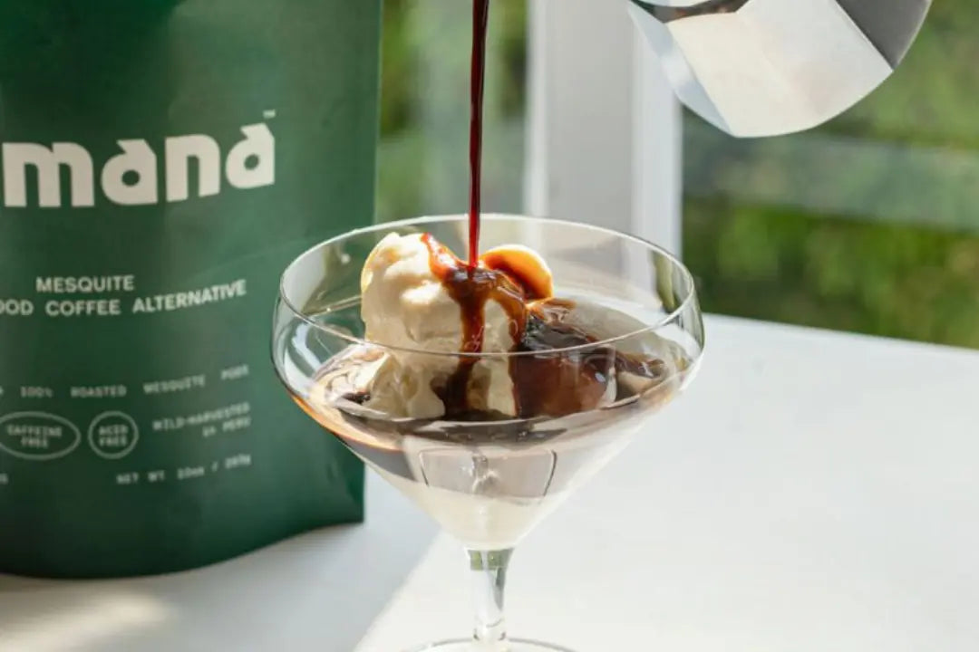 Mesquite coffee being poured over ice cream for a rich affogato-style dessert, with Kamana coffee substitute in the background