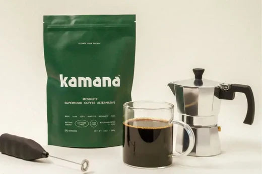 Coffee alternative brand Kamana is displayed with a brewed cup, a stovetop espresso maker, and a milk frother